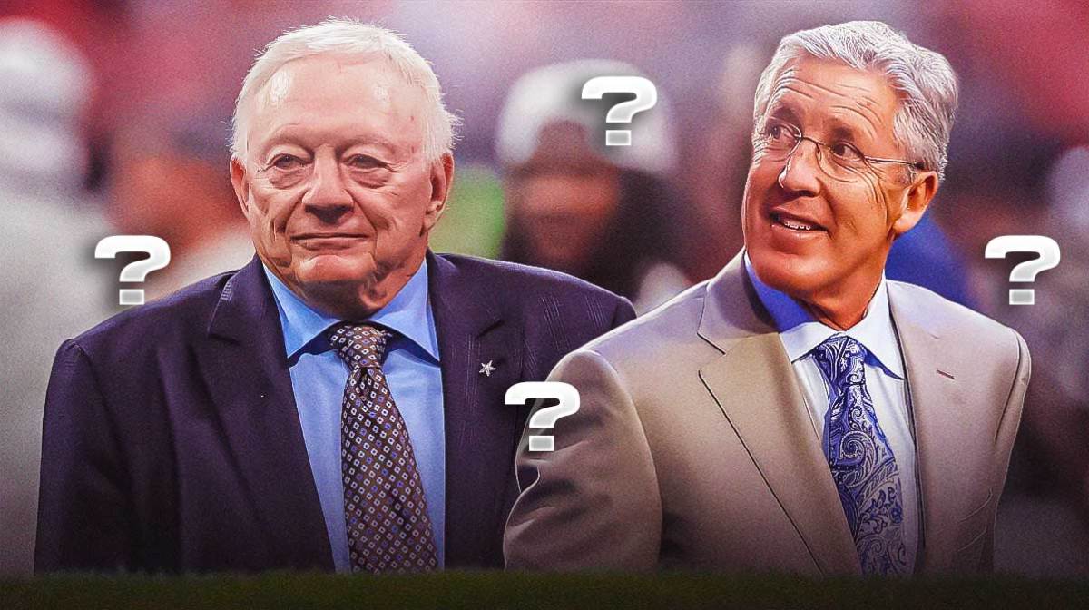 Pete Carroll and Cowboys owner Jerry Jones with little question marks around them as Carroll emerged as a candidate for the Cowboys coaching job after interest from the raiders.