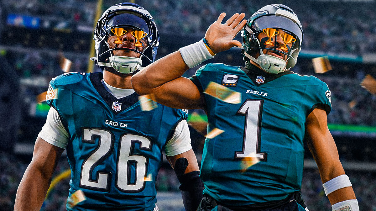 Saquon Barkley and Jalen Hurts with Trophy emojis over their eyes with the Eagles stadium and confetti falling around them.