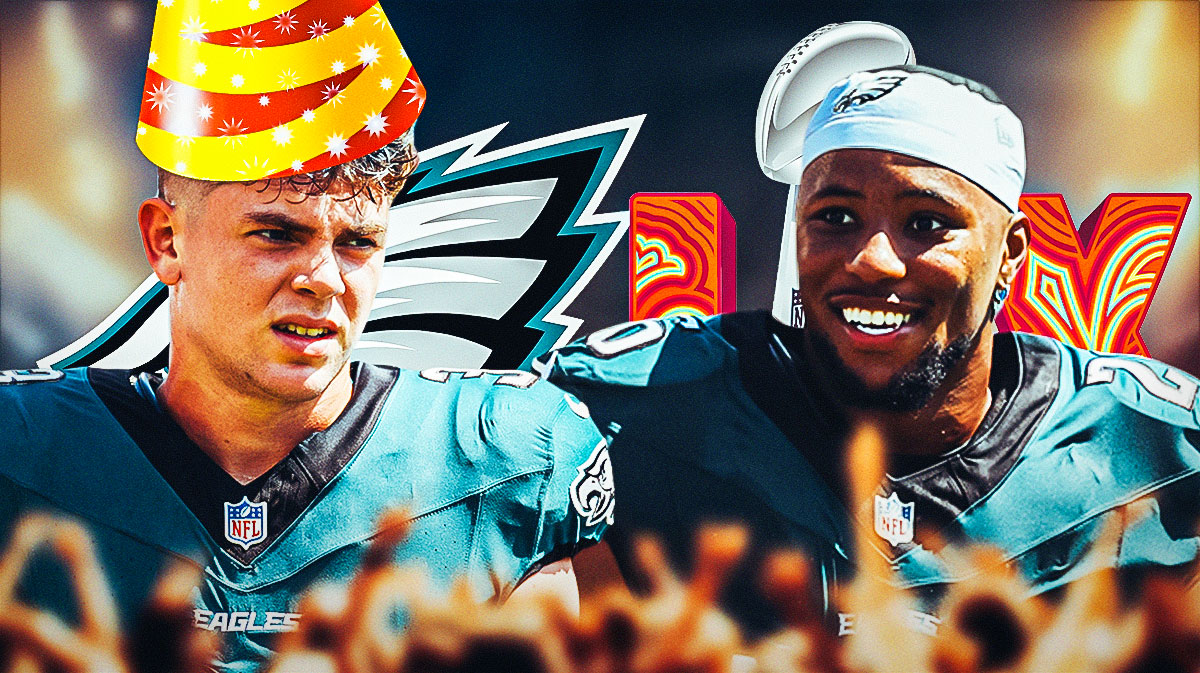 Philadelphia Eagles RB Saquon Barkley and CB Cooper DeJean wearing party hats. There are also logos for the Philadelphia Eagles and Super Bowl 59.