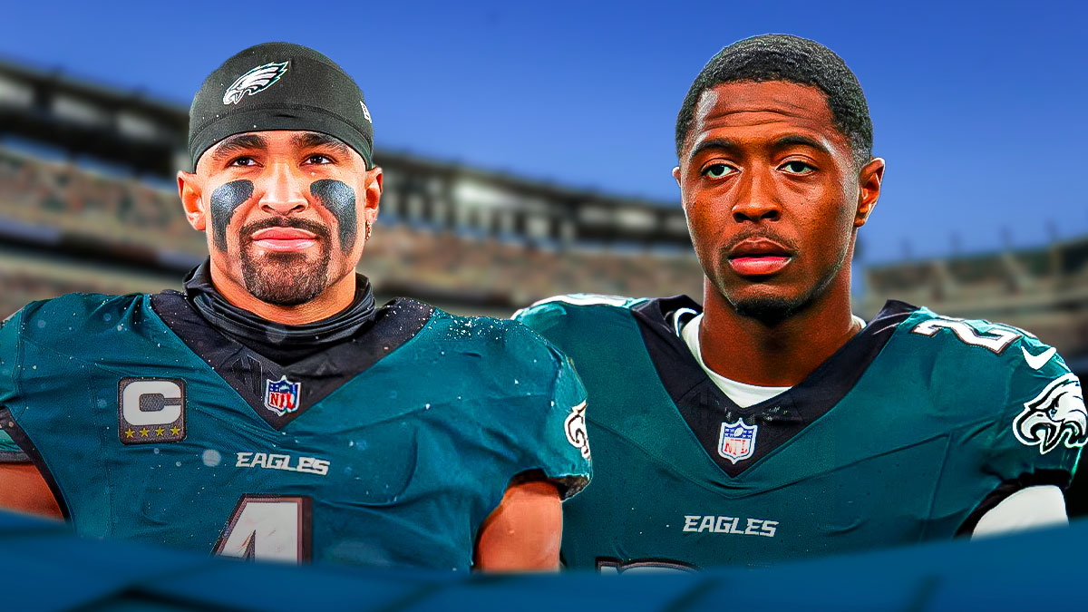 Eagles, Eagles injury, Jalen Hurts, Quinyon Mitchell, Jalen Hurts injury, Jalen Hurts and Quinyon Mitchell in Eagles unis with Eagles stadium in the background