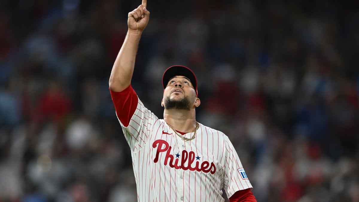 Phillies relief pitcher Carlos Estevez celebrates