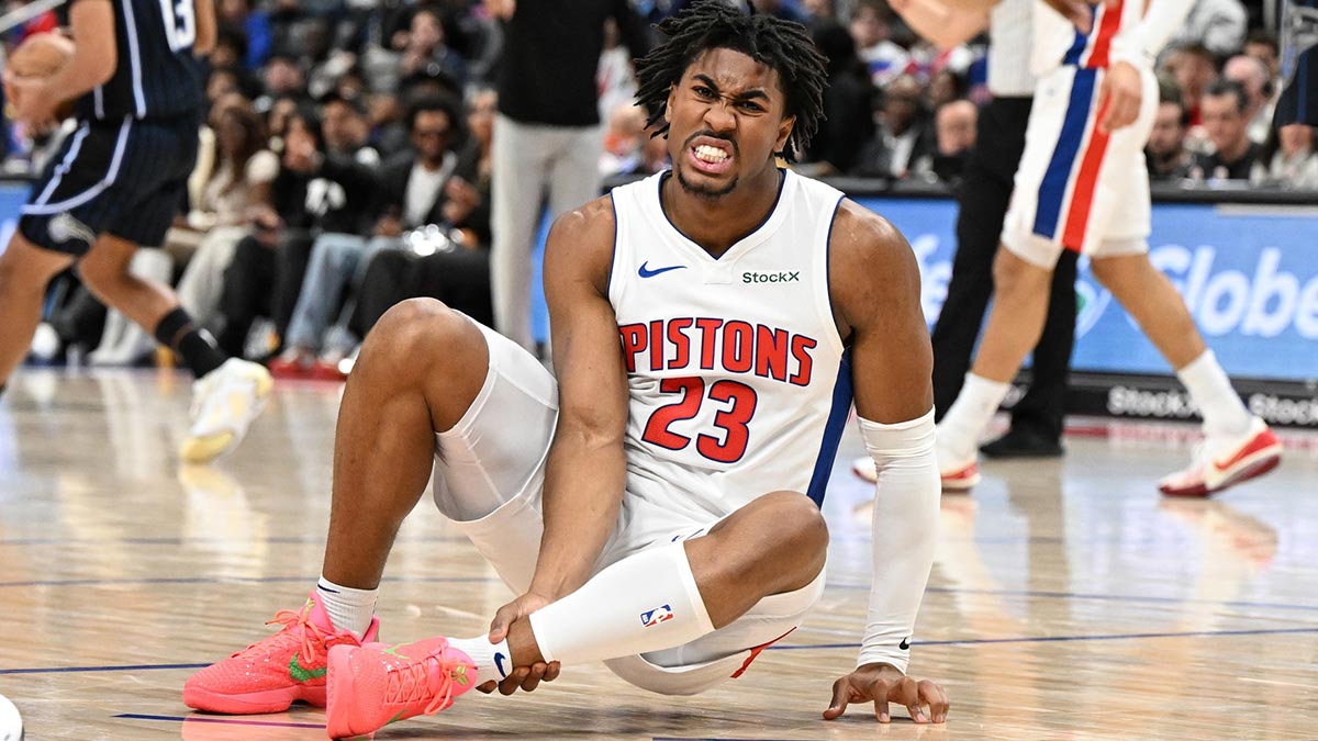 Detroit Pistons guard Jaden Ivey (23) grabs his leg as he falls to the court after being injured against the Orlando Magic in the fourth quarter at Little Caesars Arena.
