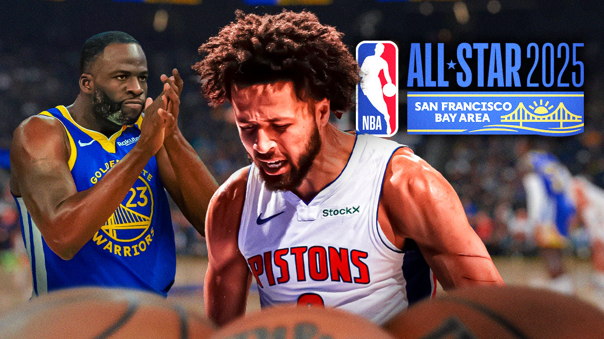 Pistons Cade Cunningham, Warriors Draymond Green, and a 2025 NBA All-Start game logo as the background.