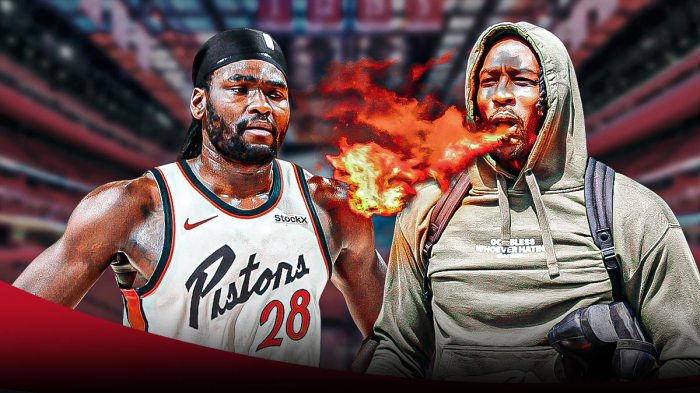 Image of Dwight Howard spitting fire next to an image of Pistons Isaiah Stewart.