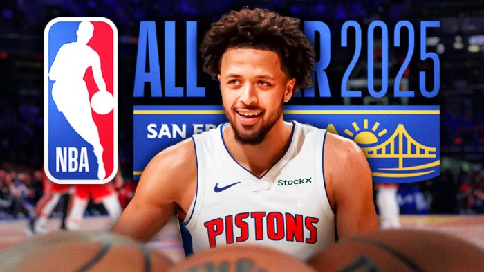 Pistons' Cade Cunningham smiling with an NBA All-Star background