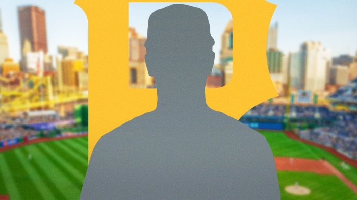Adam Frazier as a silhouette. Pittsburgh Pirates logo, PNC Park in the background