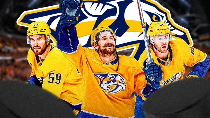 Filip Forsberg, Jonathan Marchessault and Roman Josi all looking happy, Nashville Predators logo, hockey rink in background