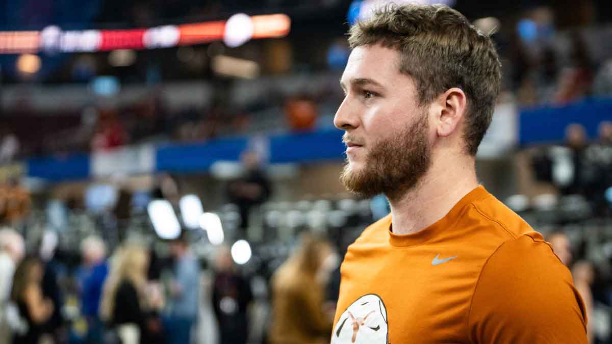 Texas Longhorns quarterback Quinn Ewers (3) walks the field ahead of the game as the Texas Longhorns prepare to play the Ohio State Buckeyes in the Cotton Bowl College Football Playoff semi-final at AT&T Stadium in Dallas, Texas, Jan. 10, 2025.
