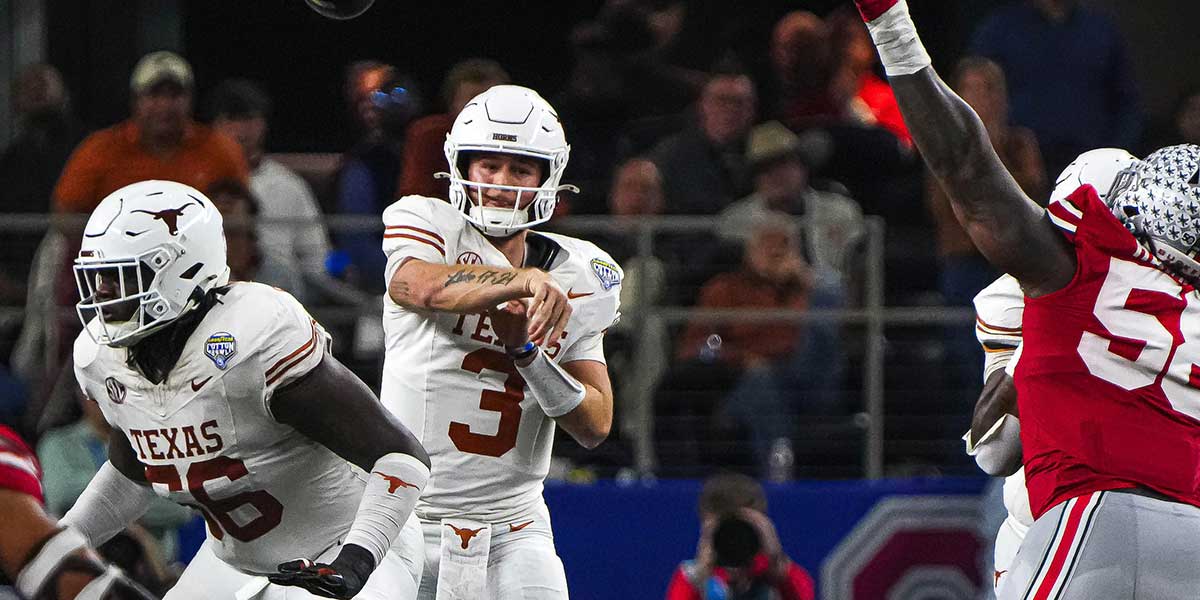 Texas Longhorns quarterback Quinn Ewers (3) throws a pass during the College Football Playoff semifinal game against Ohio State in the Cotton Bowl at AT&T Stadium on Friday, Jan. 10, 2024 in Arlington, Texas.