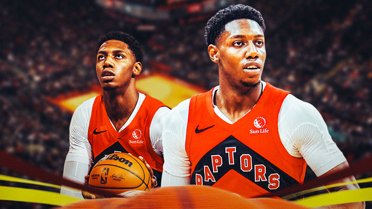 RJ Barrett, Raptors, RJ Barrett playing status, RJ Barrett Raptors, Raptors Bucks, RJ Barrett in Raptors uniform with Raptors arena in the background