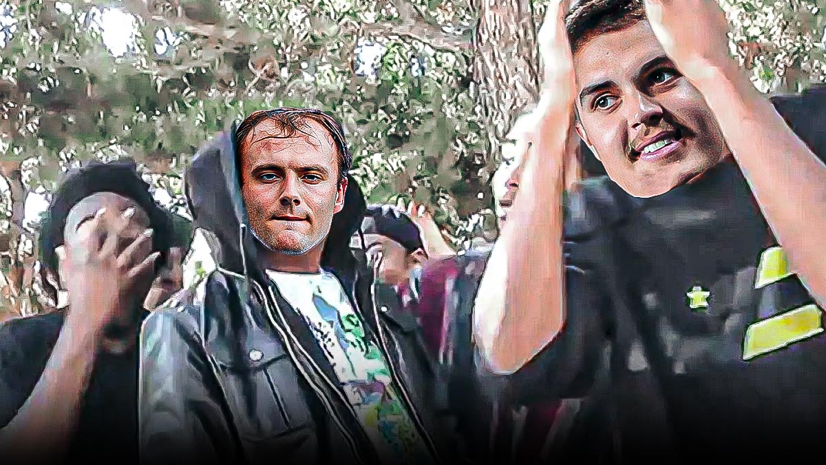 Raiders' Brock Bowers as the guy in the hoodie, Aidan O'Connell as the guy with hands on head