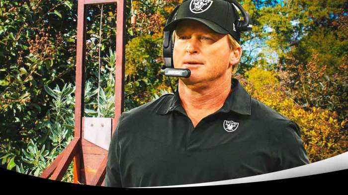 Former Raiders head coach Jon Gruden next to a guillotine.