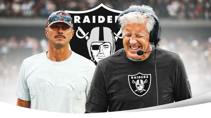 John Spytek next to Pete Carroll wearing Raiders gear, with a Raiders logo between them