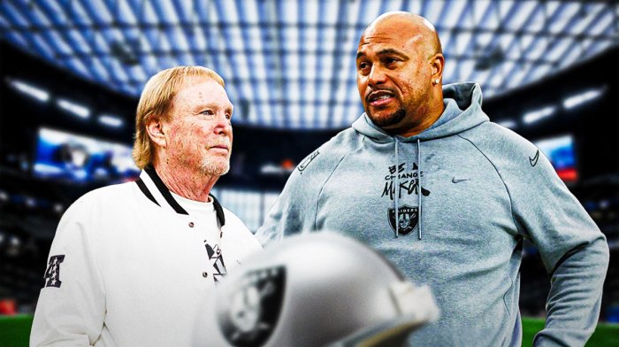Mark Davis, Antonio Pierce. Raiders logo in background.