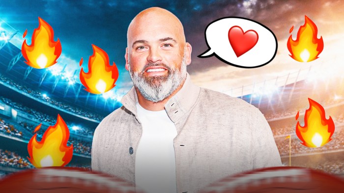 Former Rams OL Andrew Whitworth with speech bubble above his head with just a heart in it. Background is football field with a few 🔥 emojis throughout background.