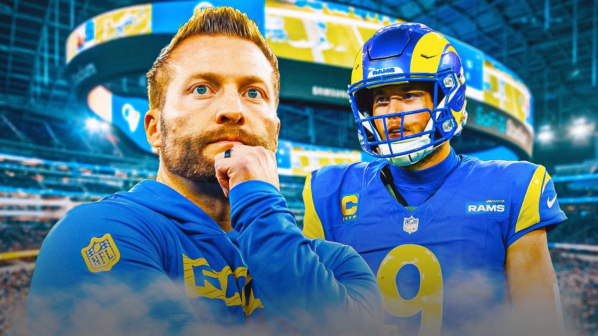 Sean McVay next to Matthew Stafford with the Rams Stadium as the background.