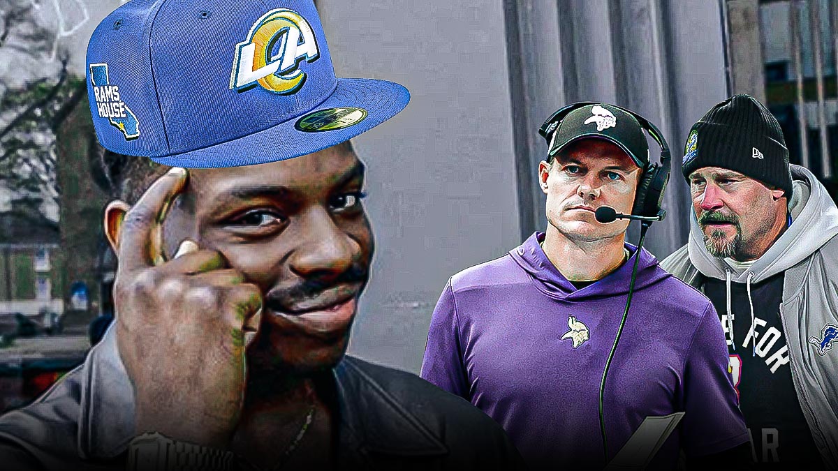 Person wearing Los Angeles Rams hat looking at Minnesota Vikings HC Kevin O'Connell and Detroit Lions HC Dan Campbell.