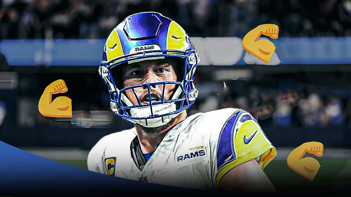 Rams QB Matt Stafford surrounded by flexing muscle emojis and injury cross emojis