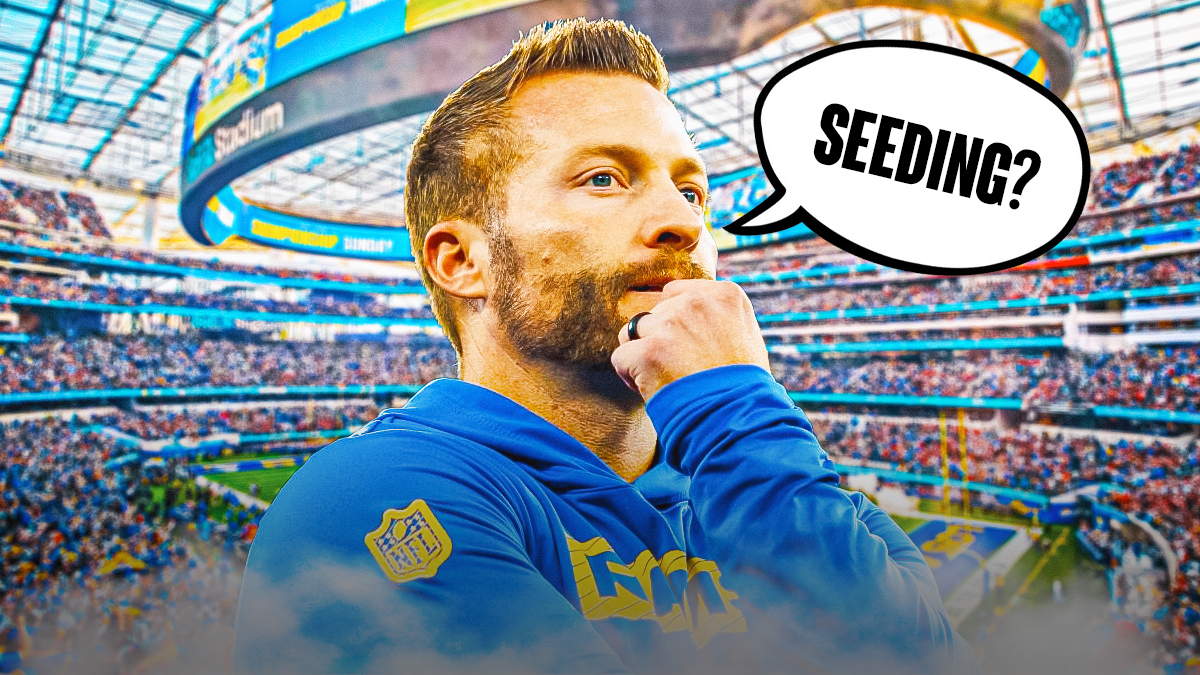 Sean McVay with a text bubble reading "Seeding?" in front fo the Rams stadium.