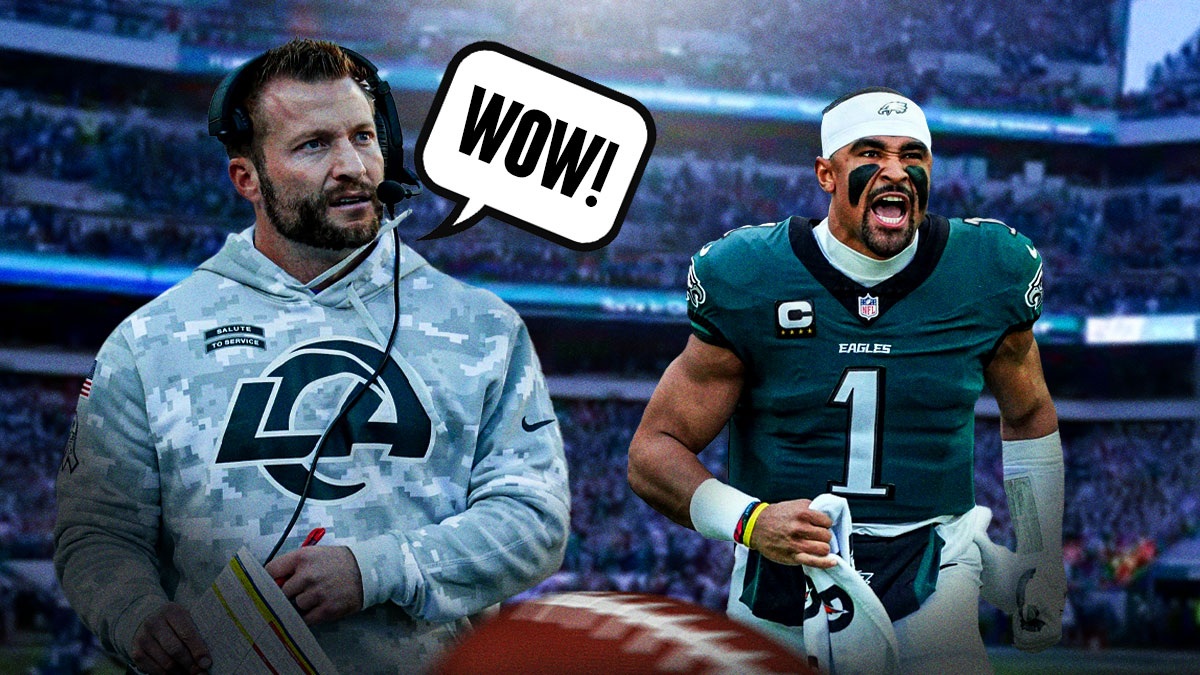 Sean McVay with a text bubble reading "Wow!" next to Jalen Hurts with the Eagles stadium as the background.