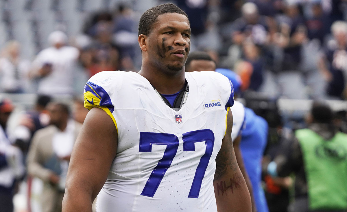 Los Angeles Rams offensive tackle Alaric Jackson (77) in a game against the Chicago Bears at Soldier Field.