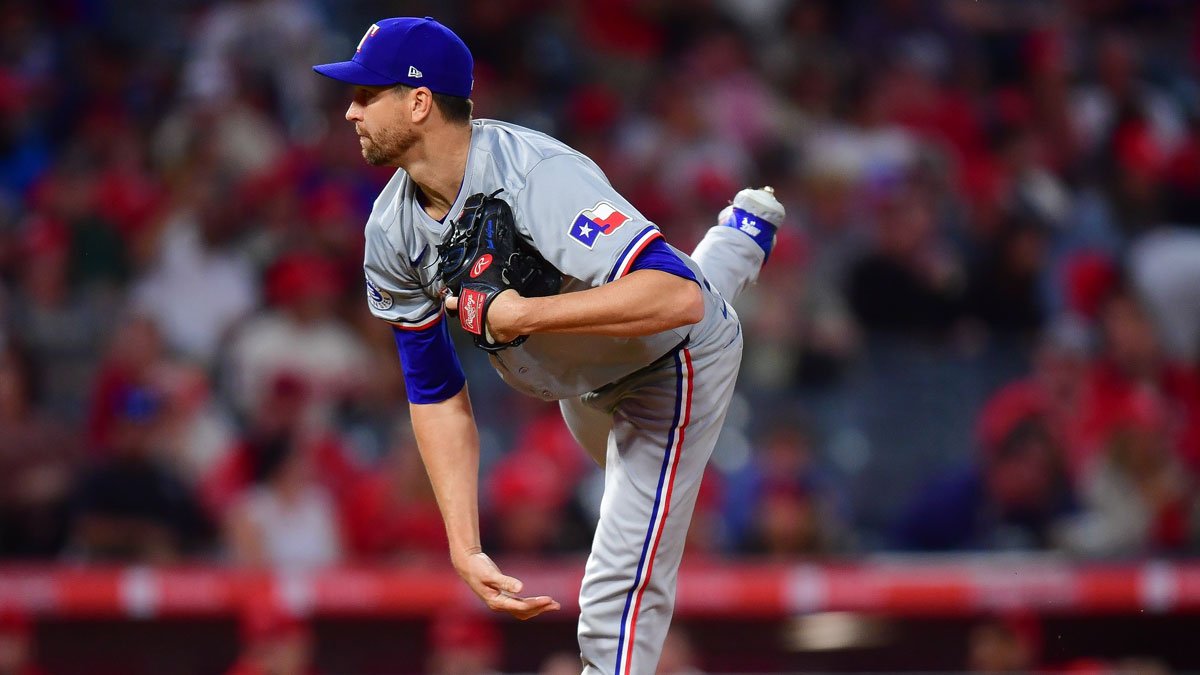 Texas Rangers pitcher Jacob deGrom (48) throws against the Los Angeles Angels during the first inning at Angel Stadium.