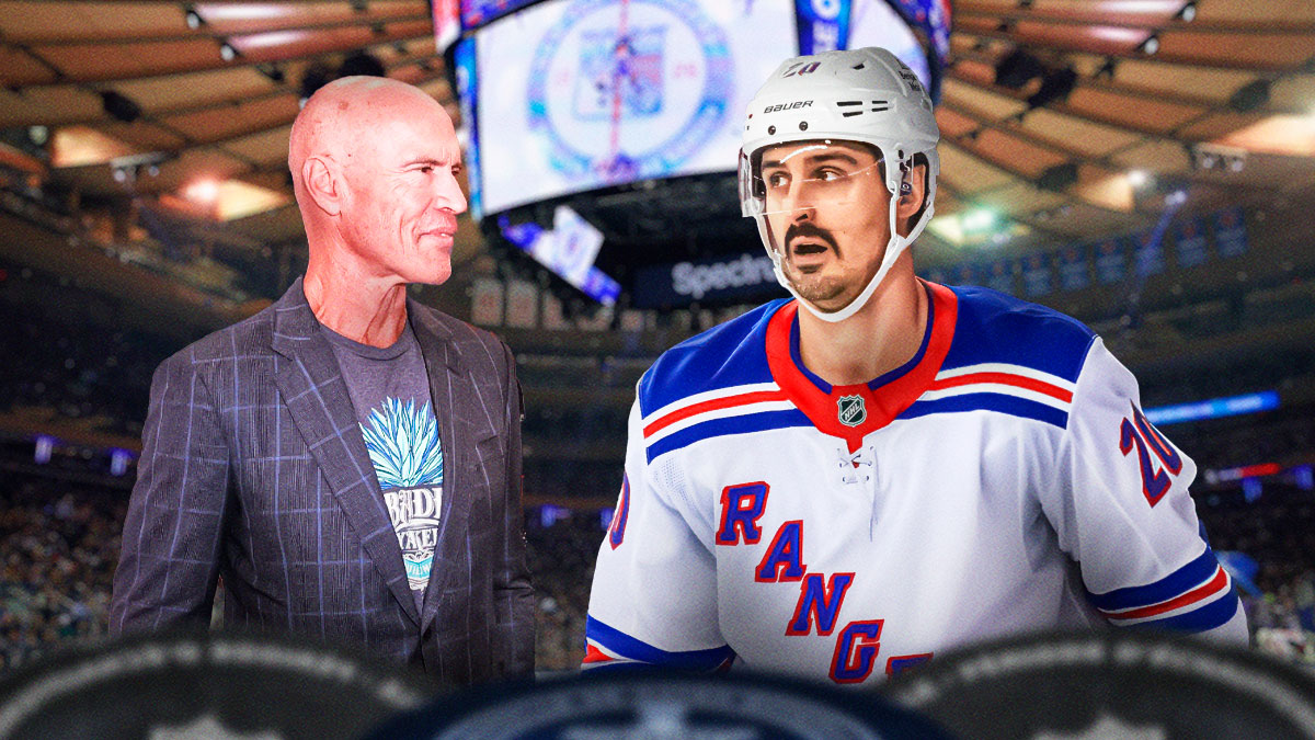 Mark Messier in street clothes with disappointed Chris Kreider, inside Madison Square Garden