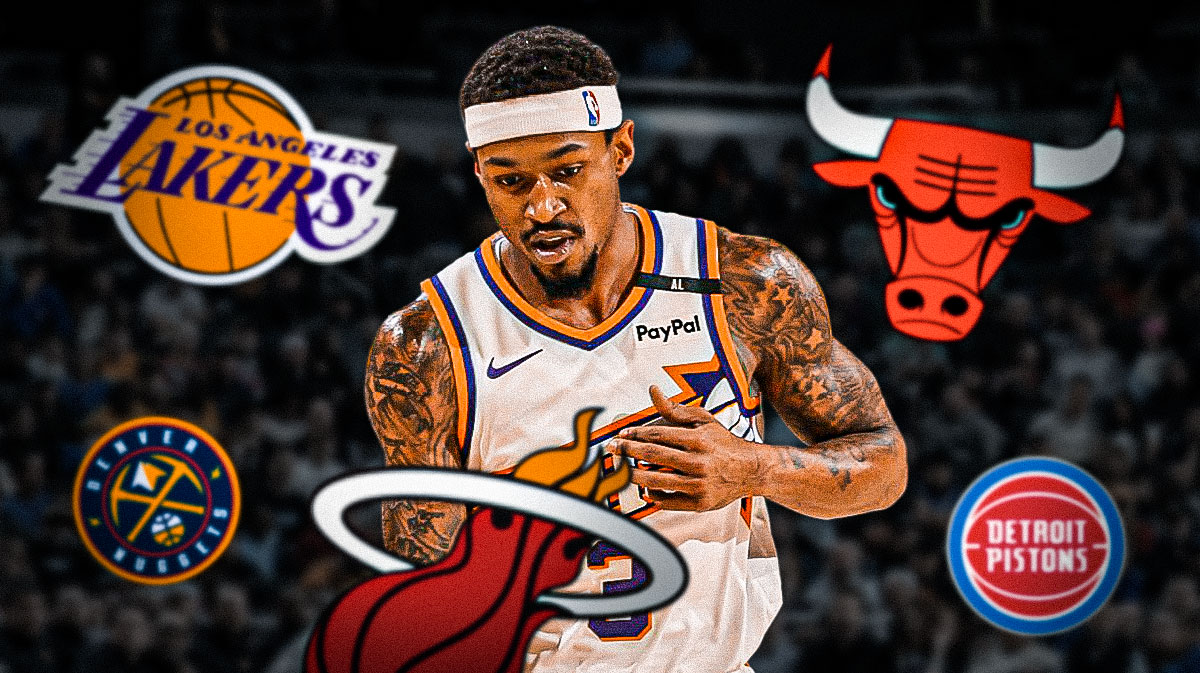 Suns' Bradley Beal looking sad, with Heat, Pistons, Bulls, Nuggets, Lakers logos around him