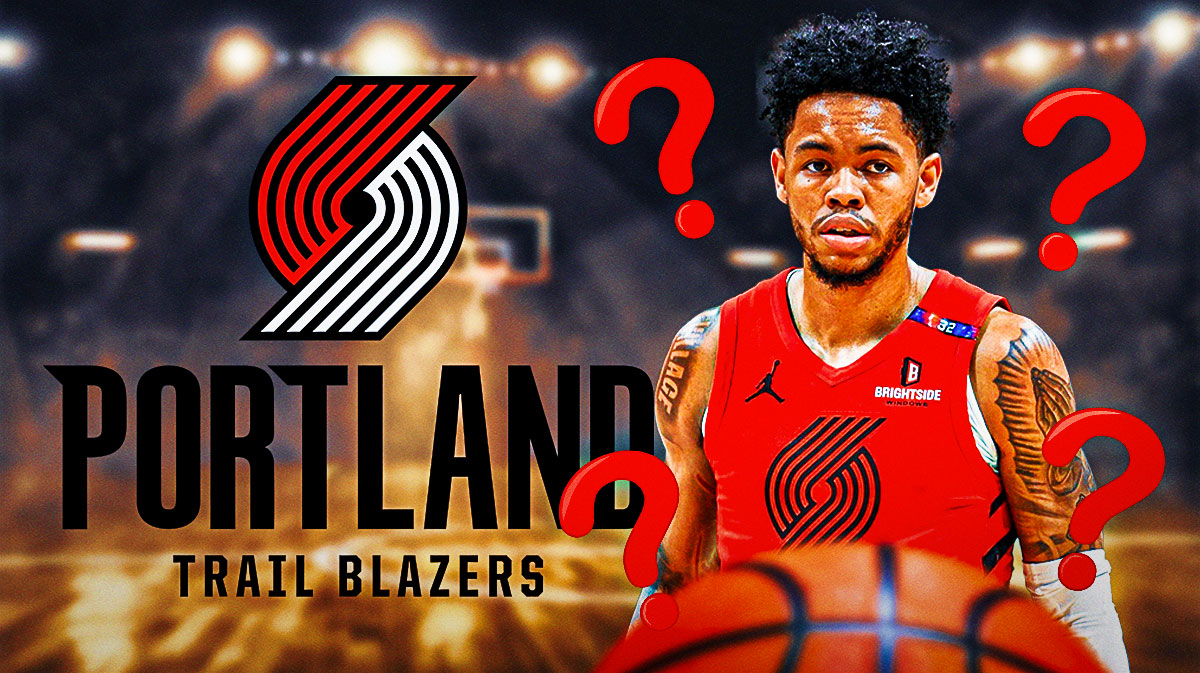 Anfernee Simons looking stern, Portland Trail Blazers logo, basketball court in background, 3-5 question marks