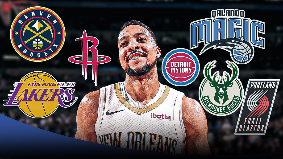 Pelicans' CJ McCollum smiling, with Lakers, Magic, Rockets, Pistons, Nuggets, Blazers, Bucks logos all over him
