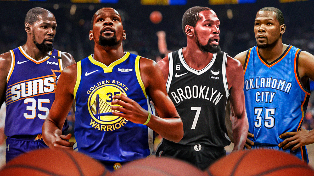 Kevin Durant playing for the Suns, Warriors, Nets, and Thunder.