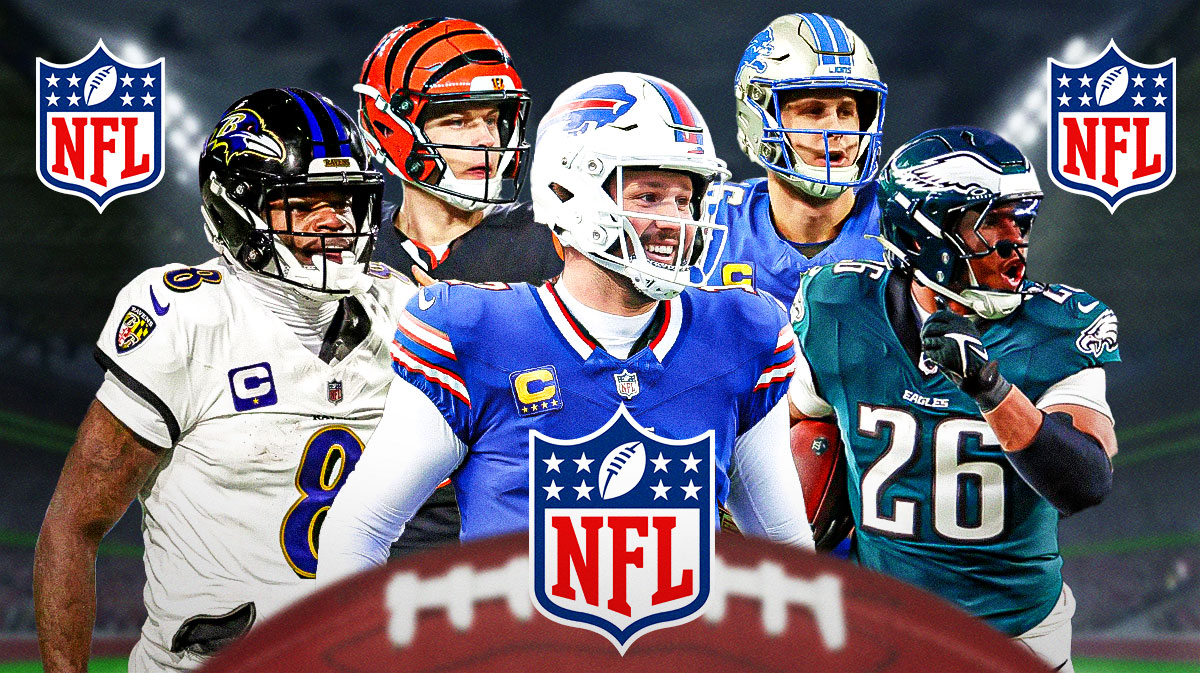 Bills QB Josh Allen, Ravens QB Lamar Jackson, Bengals QB Joe Burrow, Lions QB Jared Goff, and Eagles RB Saquon Barkley all next to each other in a line. There is also a logo for the NFL.
