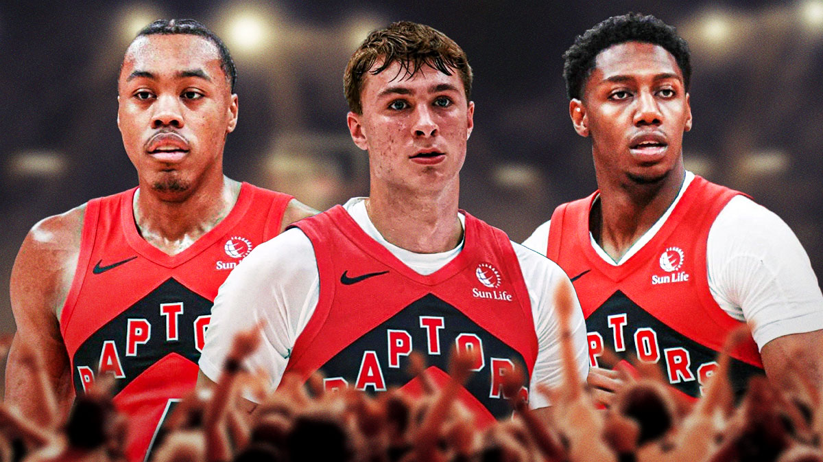 Scottie Barnes and RJ Barrett, and Cooper Flagg photoshopped in a Raptors jersey.