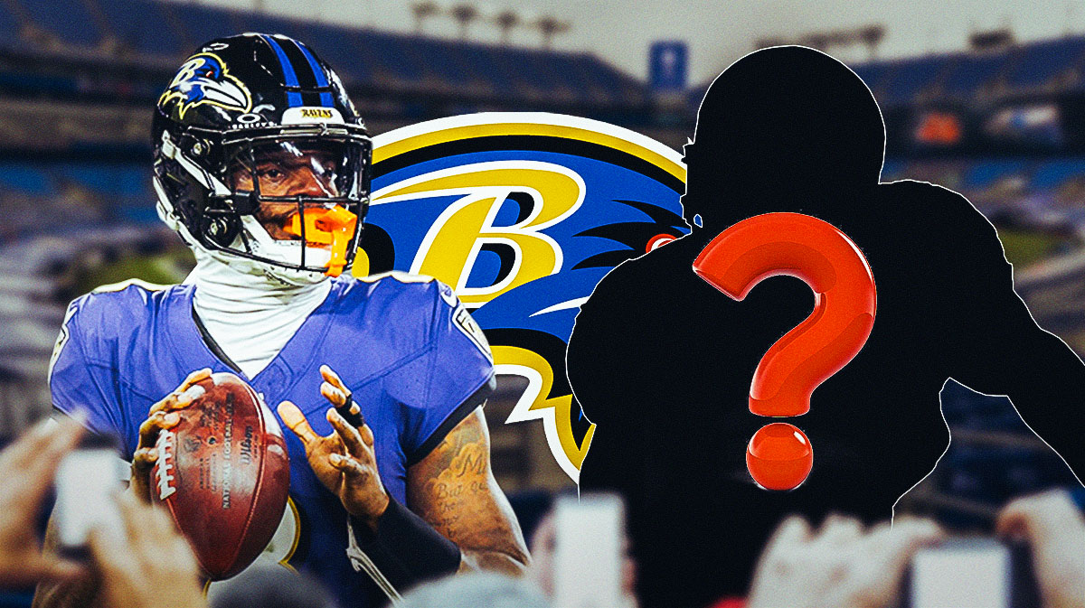 Baltimore Ravens QB Lamar Jackson next to a silhouette of an American football player with a big question mark emoji inside. There is also a logo for the Baltimore Ravens.