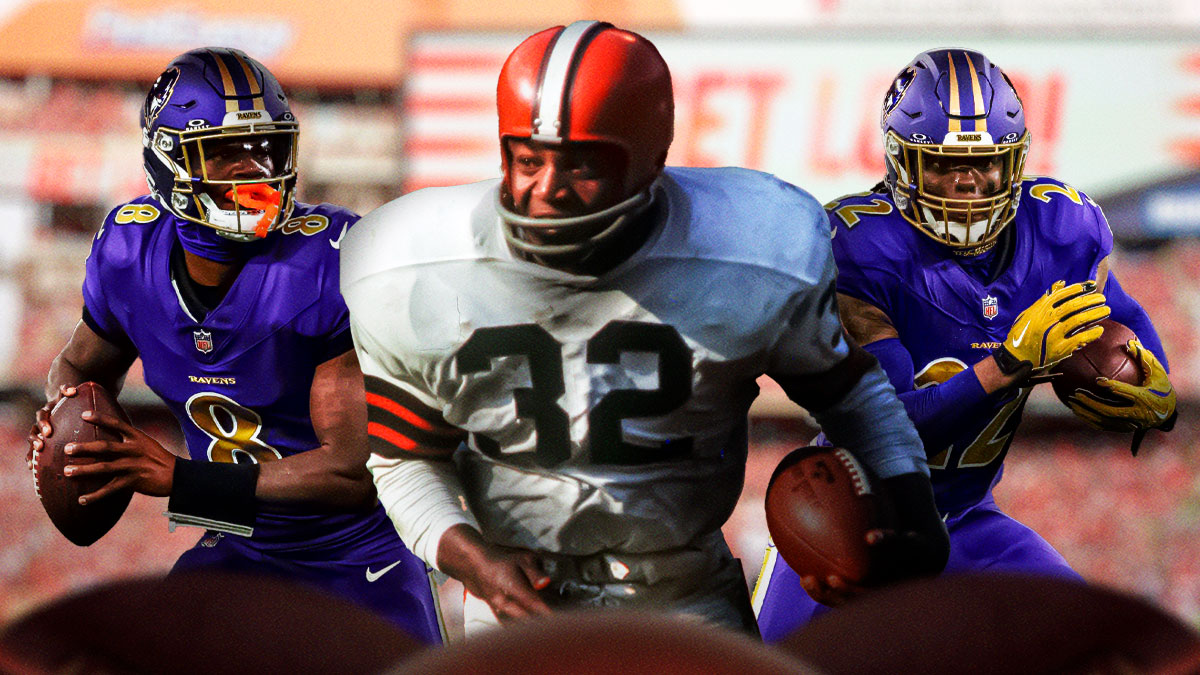 Baltimore Ravens stars Lamar Jackson and Derrick Henry with Cleveland Browns icon Jim Brown