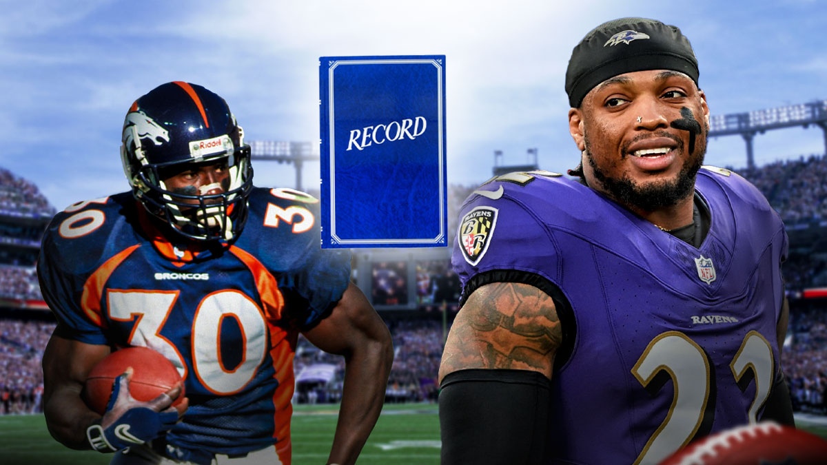 Ravens' Derrick Henry standing next to Terrell Davis running towards the record book