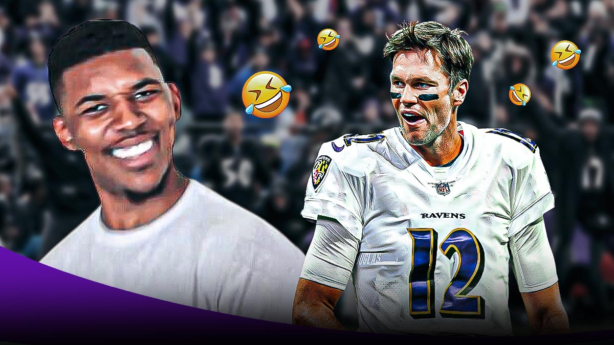 Background is M&T Bank Stadium. On the left side Nick Young looks shocked, looking former QB Tom Brady wearing a Baltimore Ravens Jersey (#12 please). Multiple 😂 emojis in background.