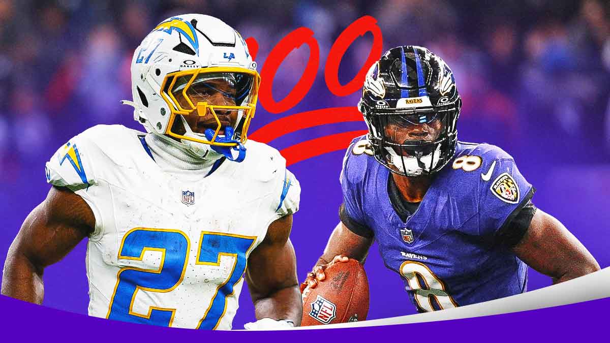 JK Dobbins in a Los Angeles Chargers uniform and Lamar Jackson in a Baltimore Ravens uniform with a big 100 emoji behind them as Dobbins keeps it real about Jackson and the ravens.