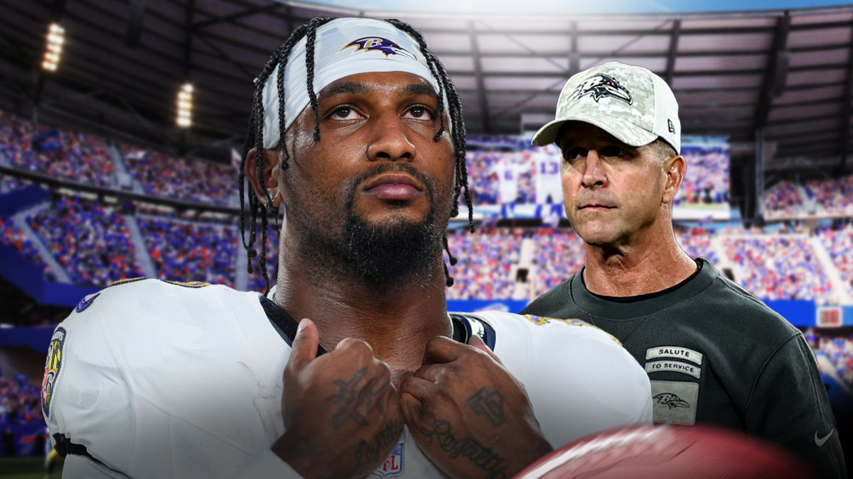 Deonte Harty next to John Harbaugh with the Bills stadium as the background.