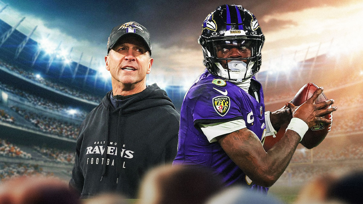 John Harbaugh next to Lamar Jackson in front of the Bills stadium