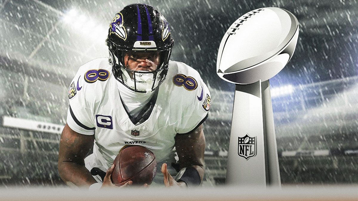 Lamar Jackson in a Baltimore Ravens uniform with a Super Bowl trophy as teammates say it's inevitable that Jackson will win the Super Bowl someday.