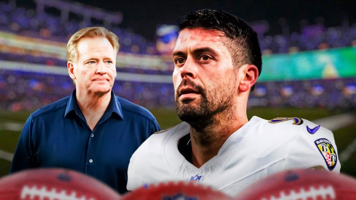 NFL commissioner looking at Ravens kicker Justin Tucker.