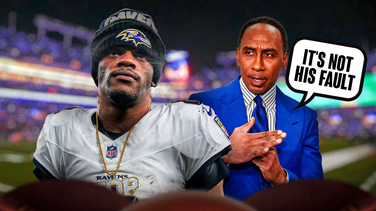 Stephen A Smith with a thought bubble that says "It's not his fault" and Ravens quarterback Lamar Jackson looking sad next to him.