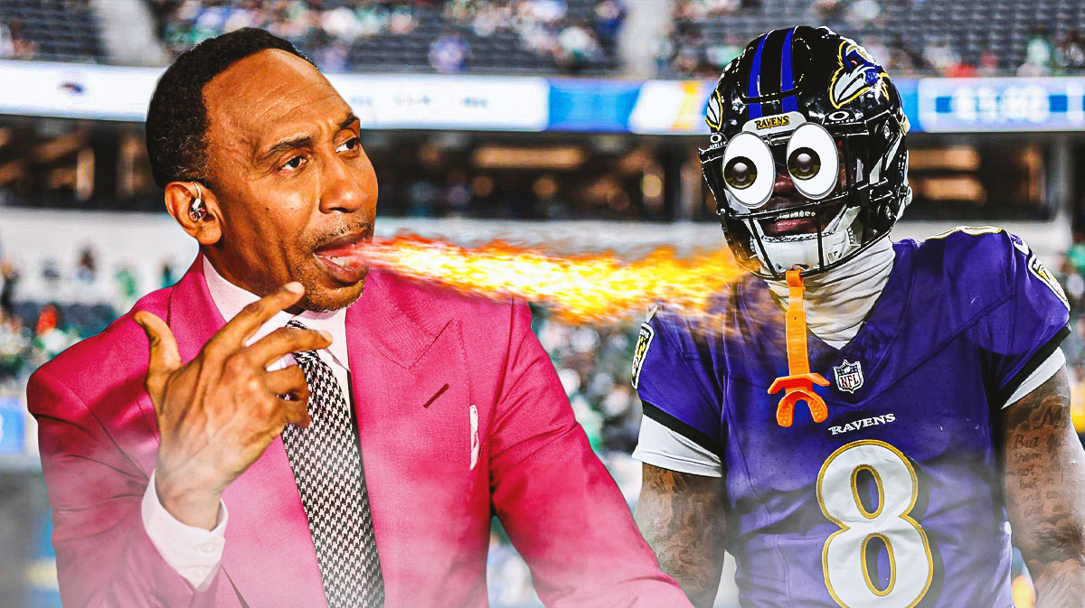 Stephen A. Smith on one side breathing fire, Lamar Jackson on the other side with the big eyes emoji over his face