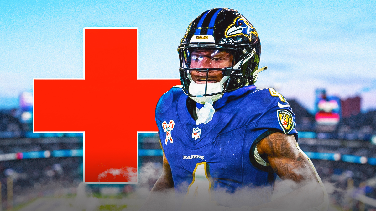 Zay Flowers in a Baltimore Ravens uniform with a red and white first aid symbol as Flowers' injury has him week to week.