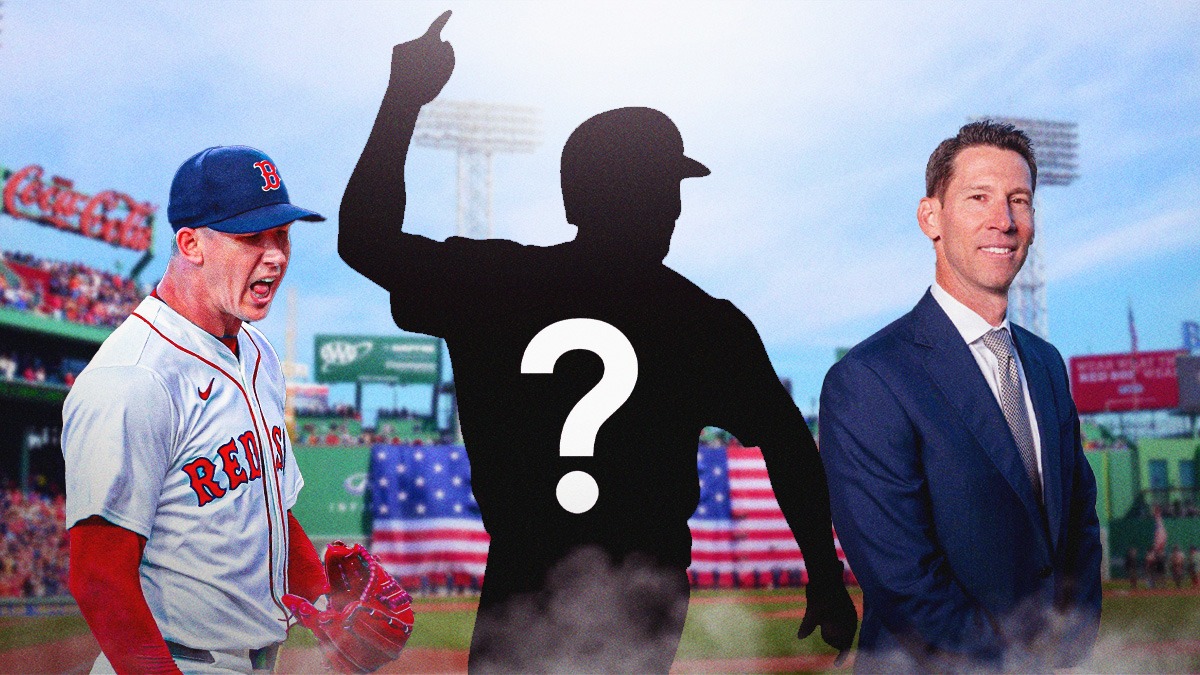 Blank player silhouette with question marks in center, Boston Red Sox starting pitcher Walker Buehler on left side, Boston Red Sox chief baseball officer Craig Breslow on right side, Fenway Park (home stadium of the Boston Red Sox) in background