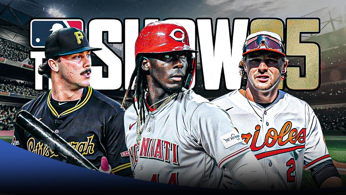 Elly De La Cruz (reds), Paul Skenes (Pirates), Gunnar Henderson (Orioles) all featured with MLB The Show logo