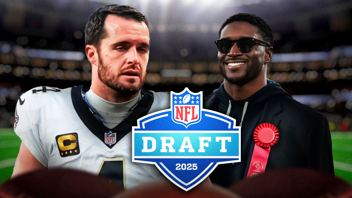 Reggie Bush (current pic) looking at Saints' Derek Carr with question marks all around Carr and an NFL Draft logo in front of him