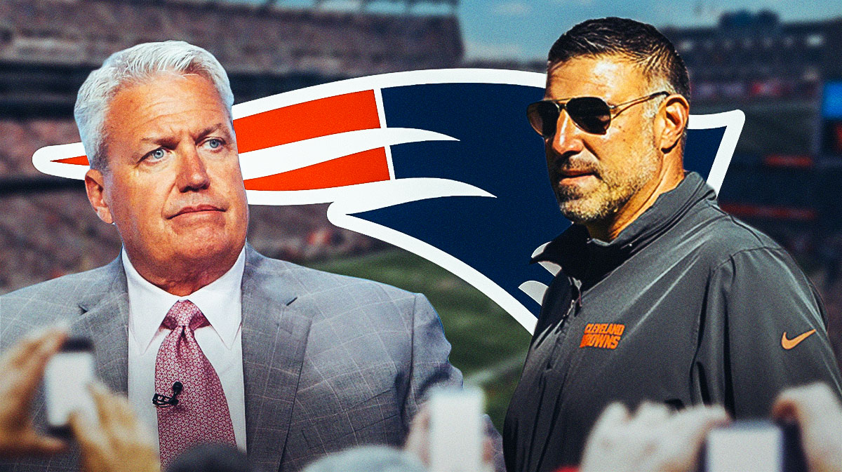 Former NFL coach Rex Ryan with former Titans coach Mike Vrabel. There is also a logo for the New England Patriots.