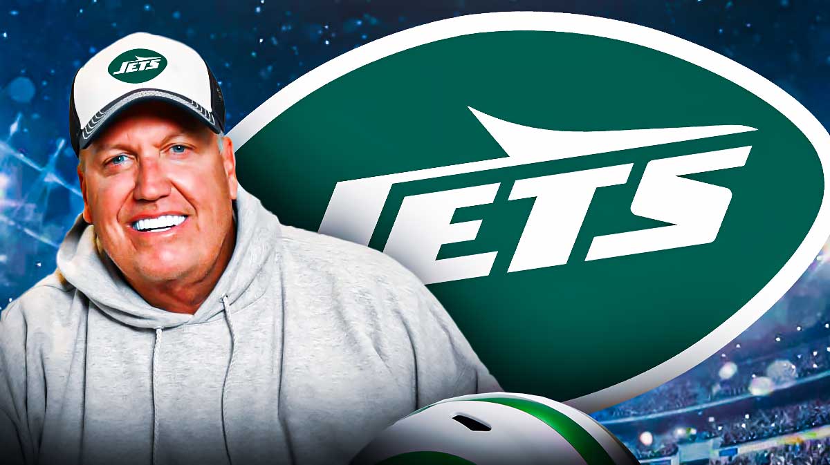 Rex Ryan smiling next to a Jets logo